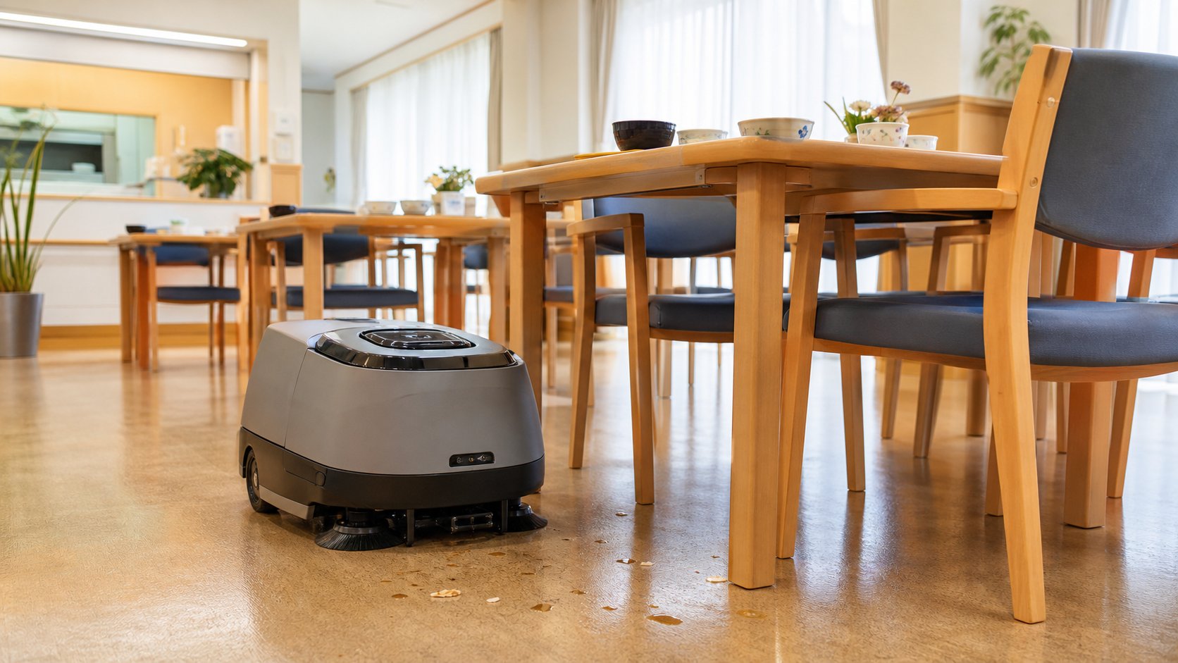介護施設の食堂で清掃ロボットを活用するイメージ