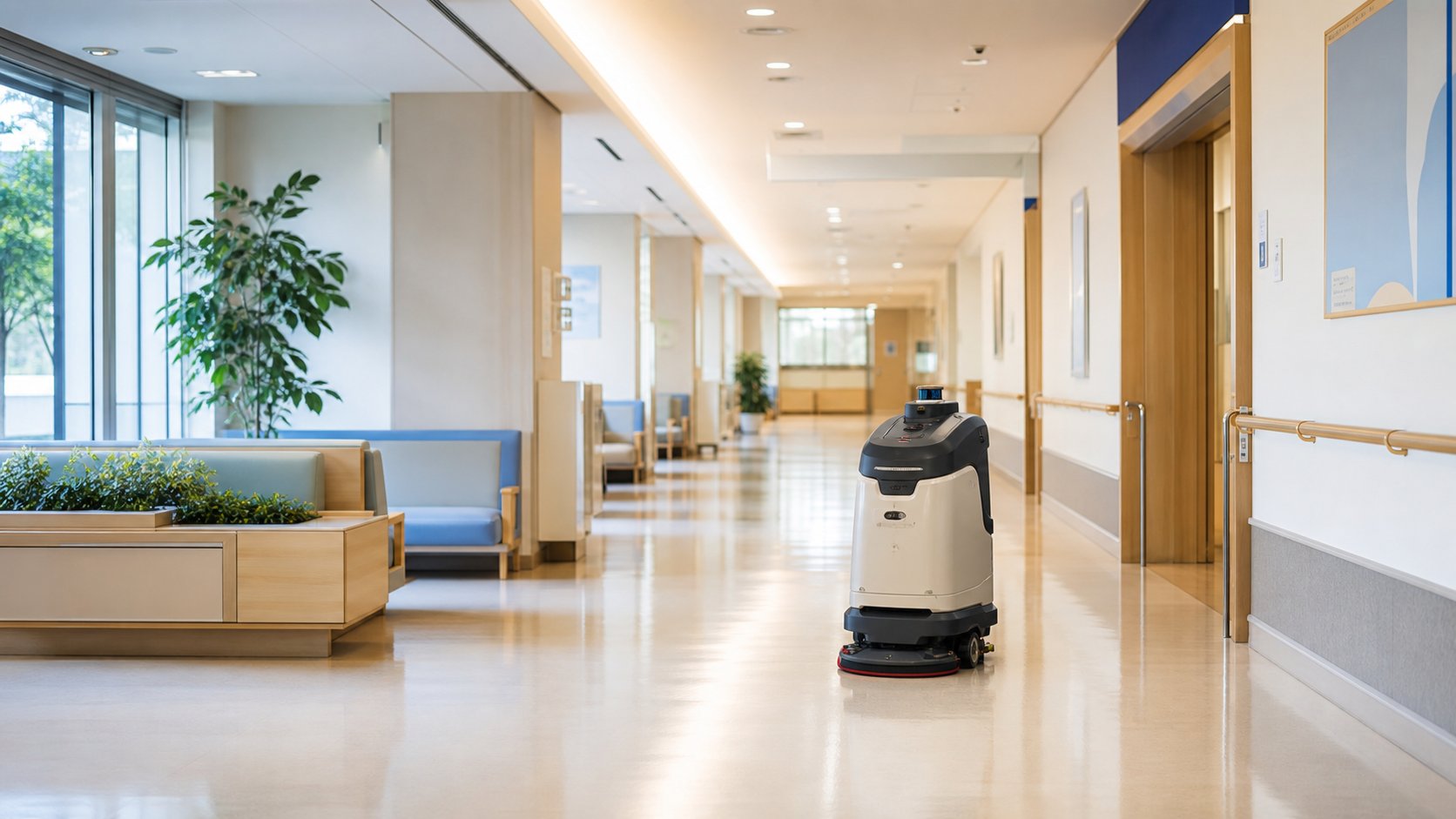 病院や施設の廊下で清掃ロボットを活用するイメージ