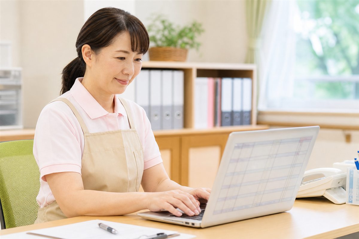 介護施設のスタッフがノートパソコンでシフト表アプリを操作している様子