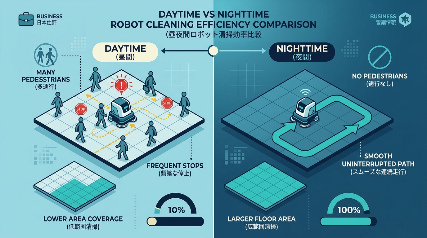 清掃ロボットの昼間と夜間の稼働効率比較