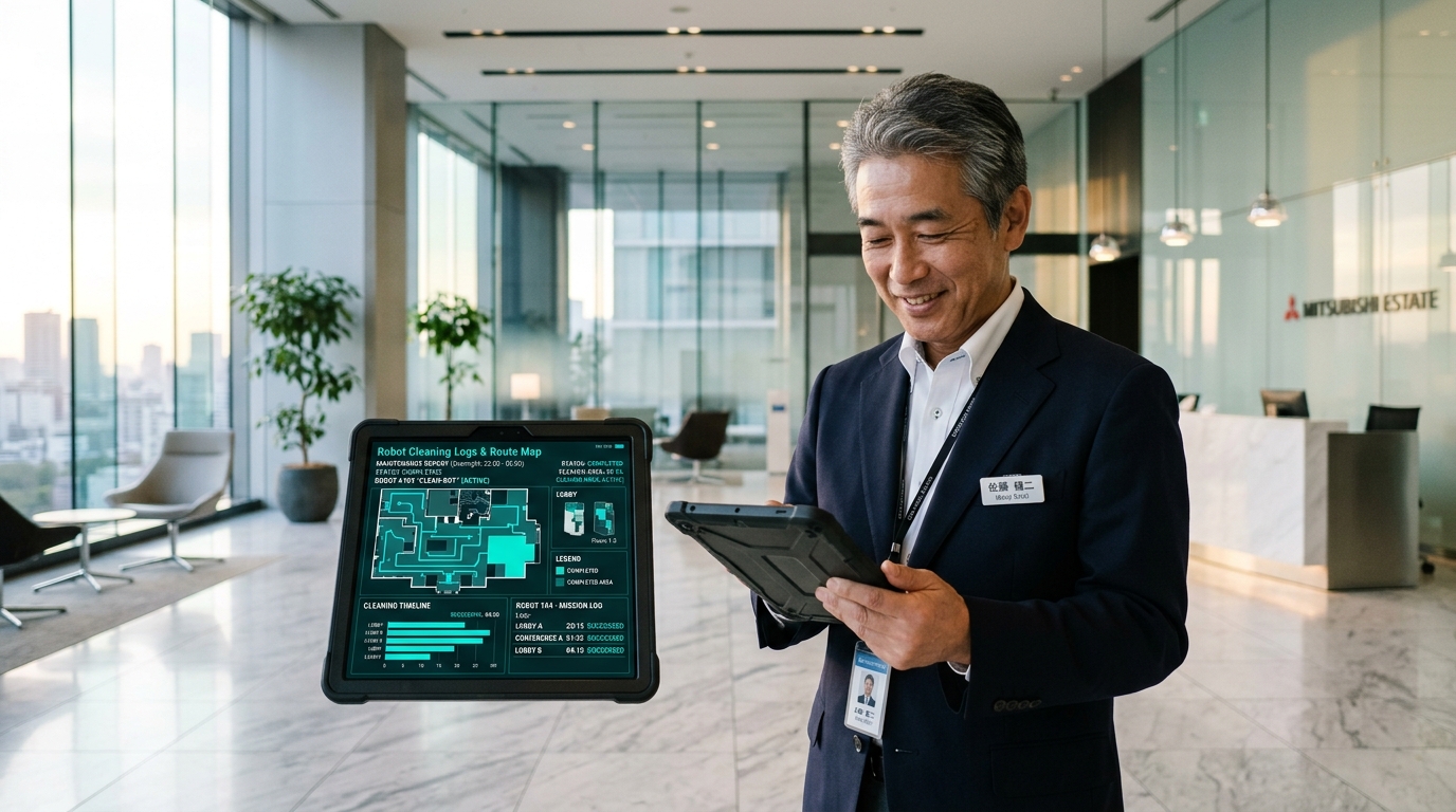 翌朝ロボット稼働ログを確認する現場担当者のイメージ