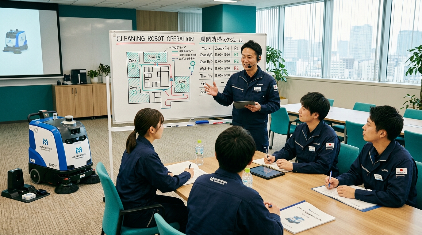 清掃ロボット導入に向けてスタッフへ説明する現場リーダーのイメージ