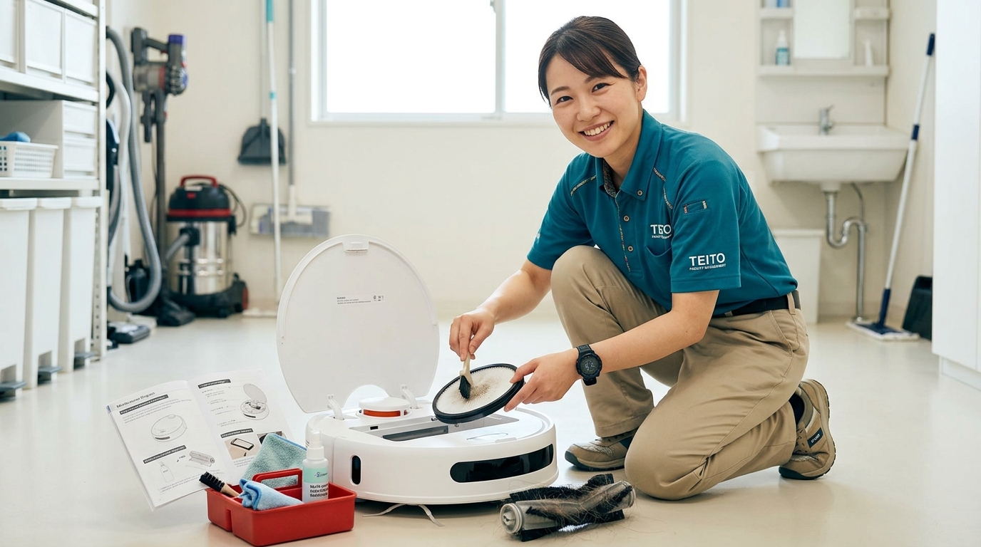 清掃ロボットの日常メンテナンスを行うスタッフのイメージ