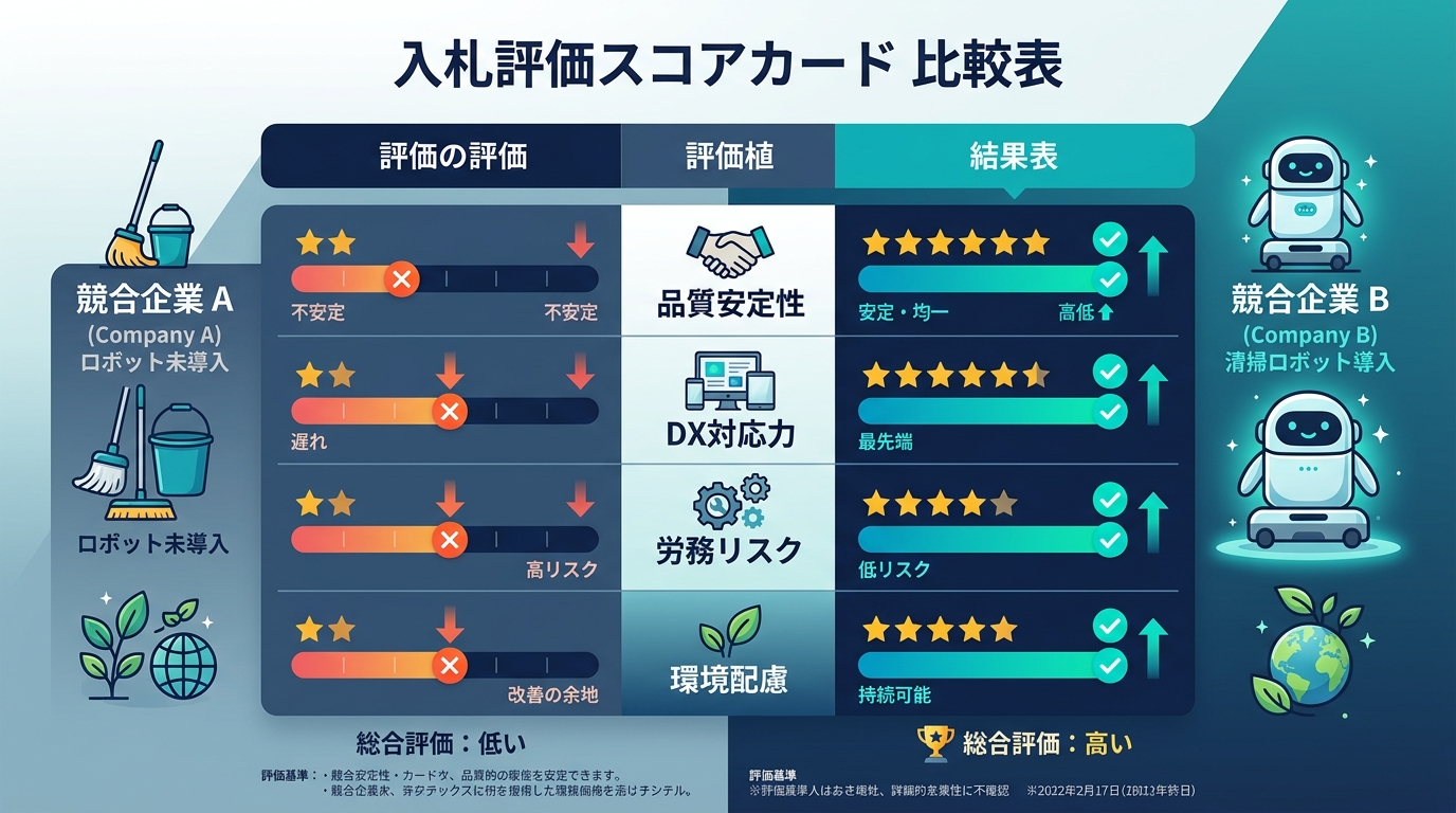 清掃ロボット導入有無による入札評価項目の比較イメージ