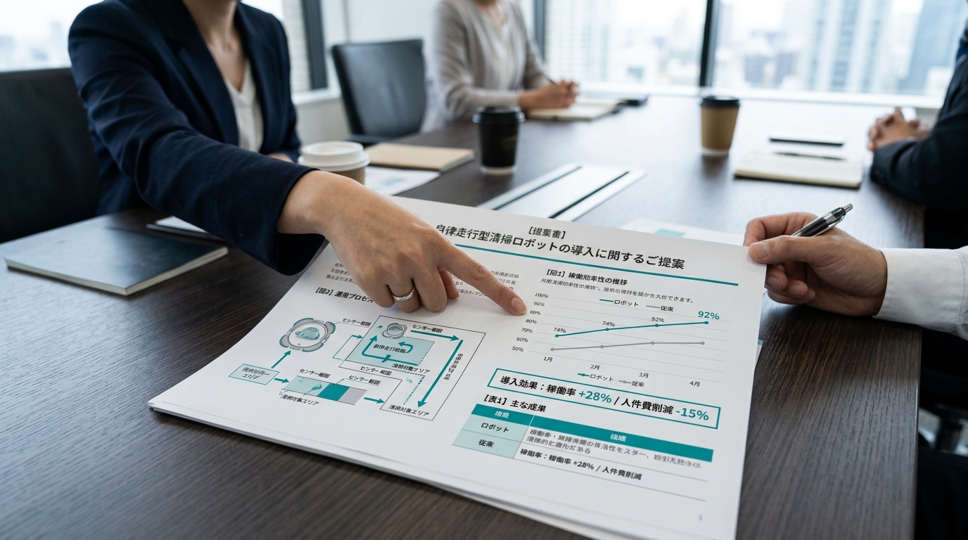 清掃ロボット活用を盛り込んだ提案書資料のイメージ