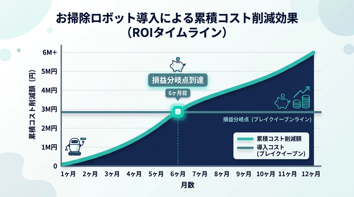 清掃ロボット導入のROI・投資回収期間イメージグラフ