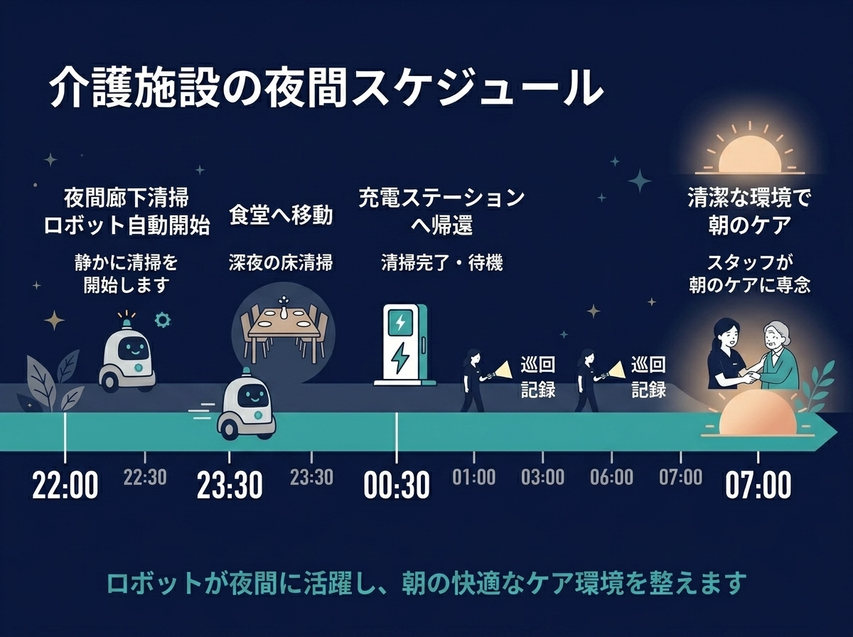 介護施設における清掃ロボット夜間スケジュール稼働のタイムライン