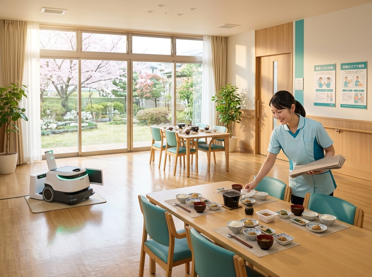 夜間清掃完了後、清潔な状態で朝を迎える介護施設の食堂