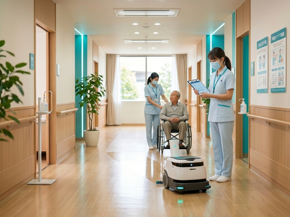 介護施設の廊下を清掃する清掃ロボットと確認するスタッフ