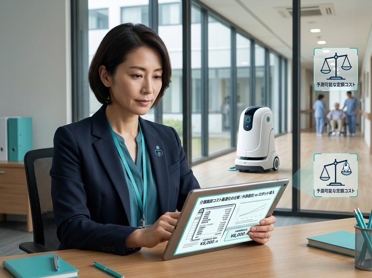 タブレットでコストを確認する施設長と廊下で稼働する清掃ロボット