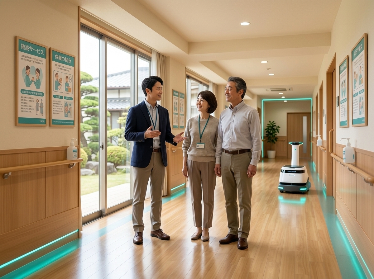 清潔な廊下で施設見学を案内する施設長と入居を検討する家族
