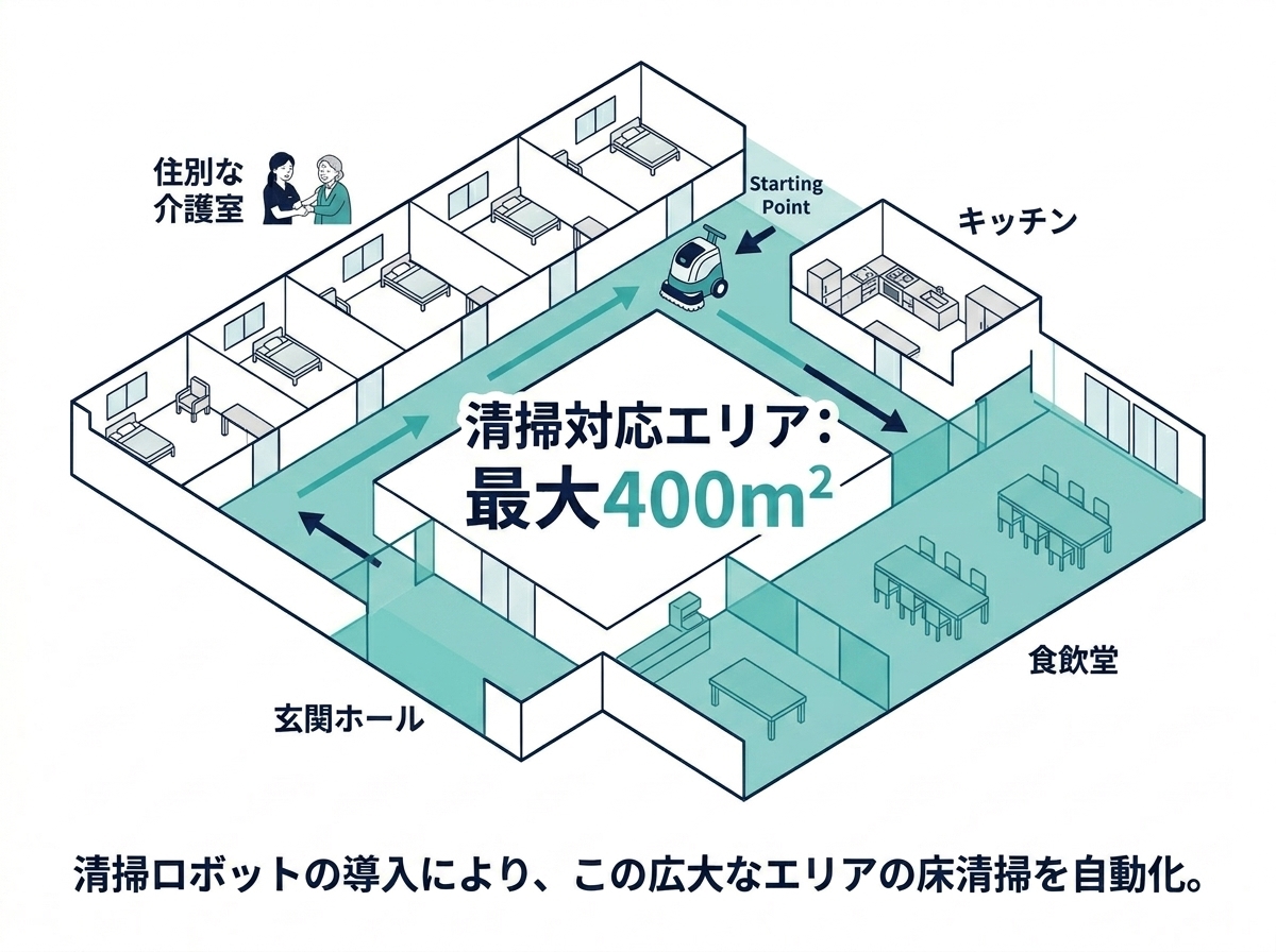 TakaLabot 90 の小規模介護施設での清掃カバーエリアイメージ
