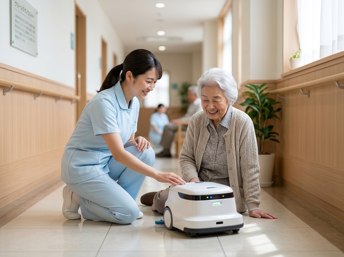 介護施設スタッフが入居者にTakaLabot 90を紹介しているシーン