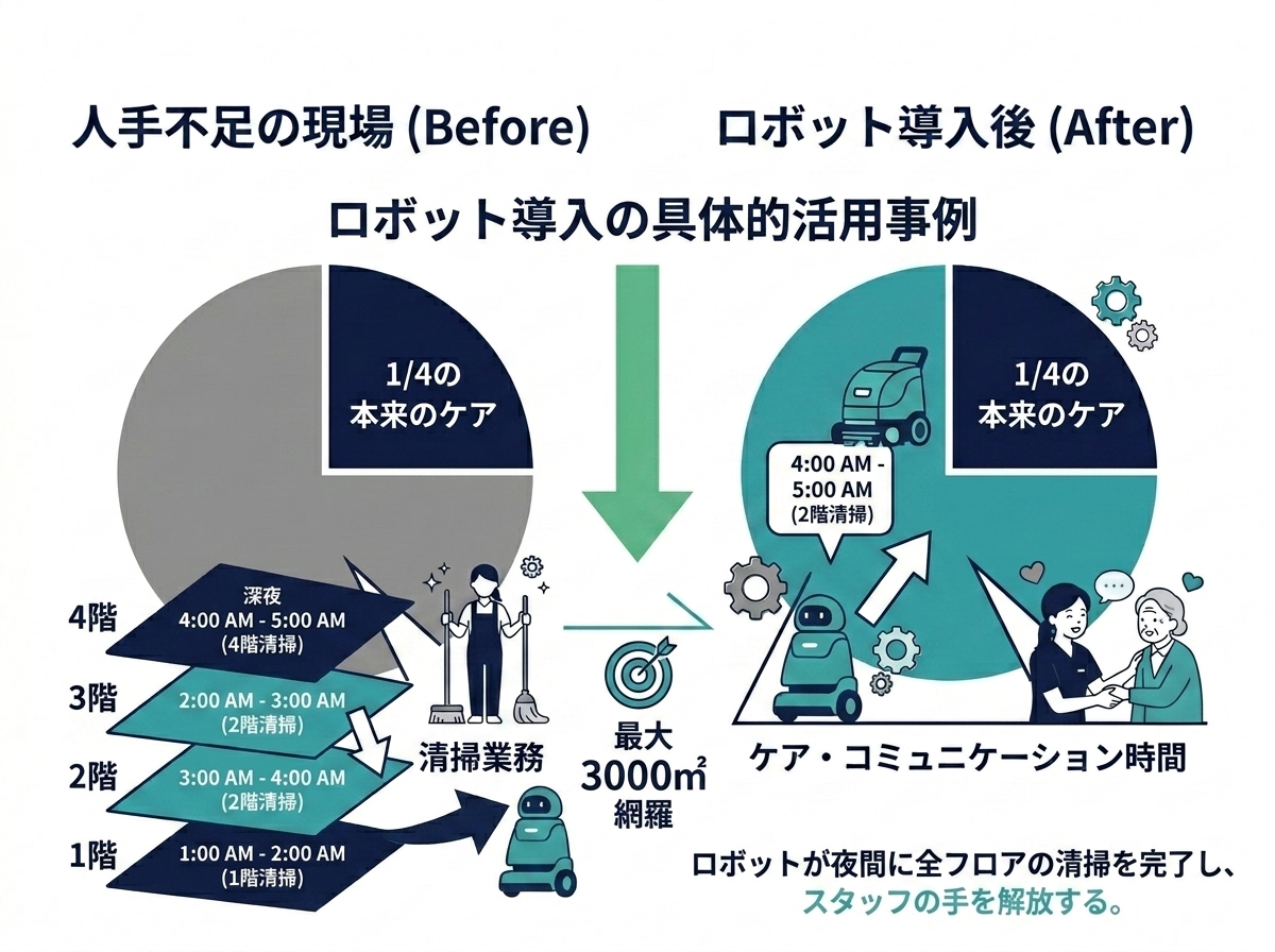 大規模介護施設でのTakaLabot 55 フロア別稼働スケジュール