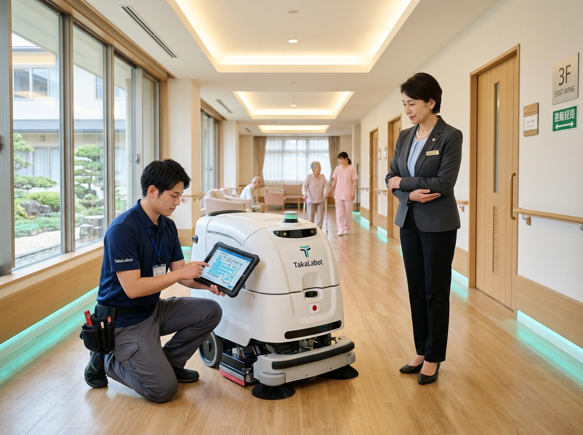 TakaLabotスタッフが大規模介護施設で清掃ルートを設定しているシーン