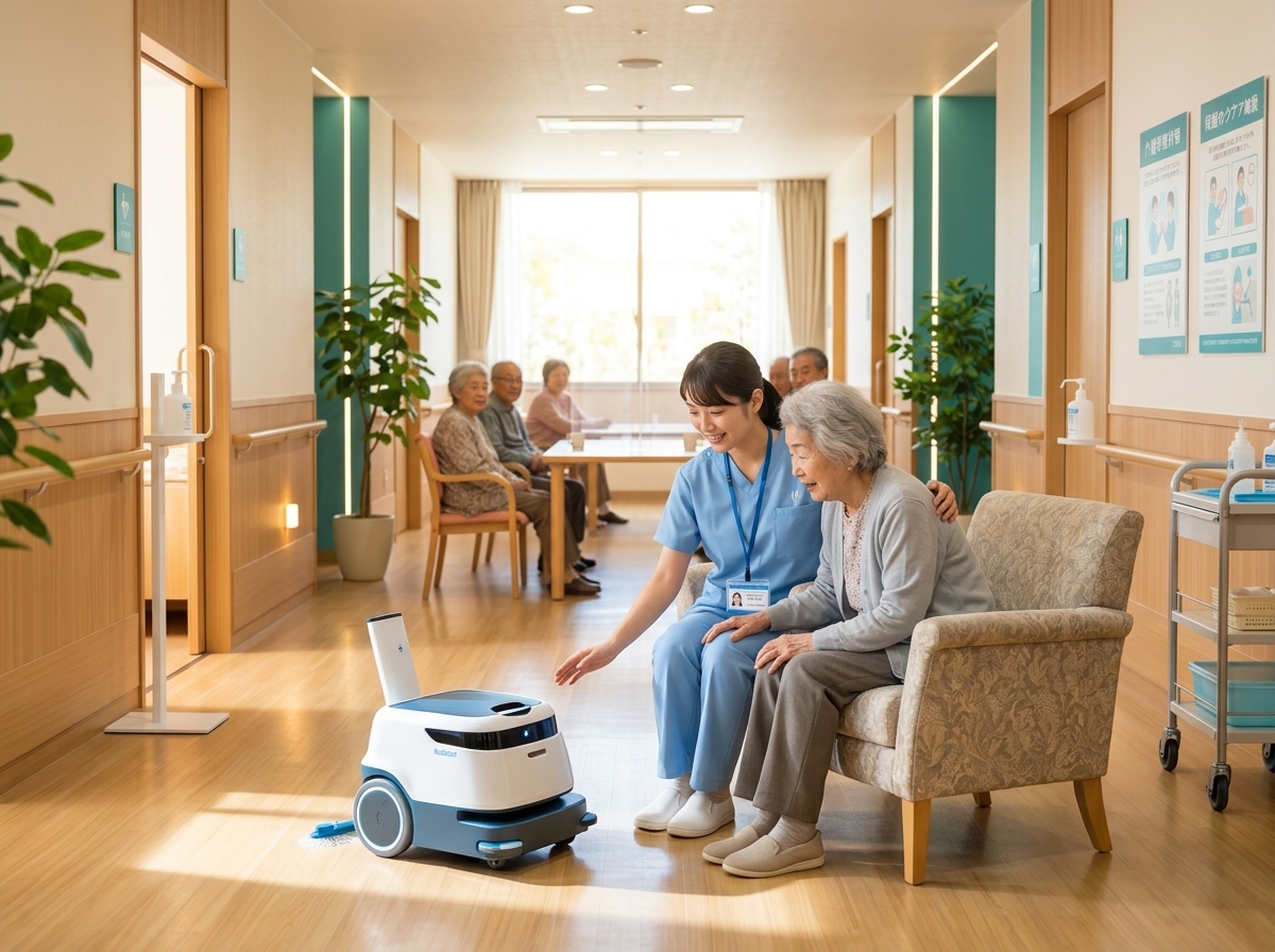 介護スタッフが認知症の入居者に清掃ロボットを紹介しているシーン