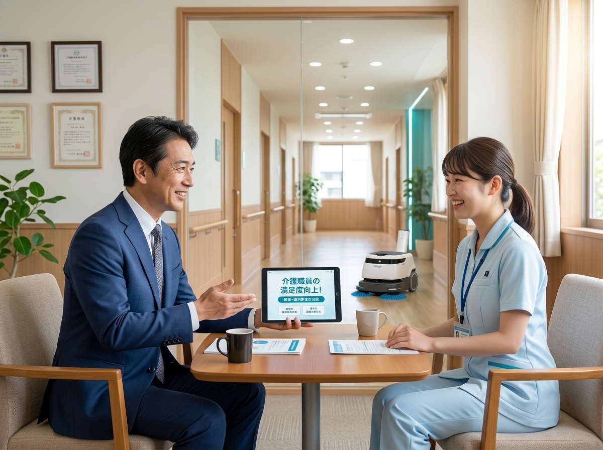 介護施設長がスタッフと面談しているシーン