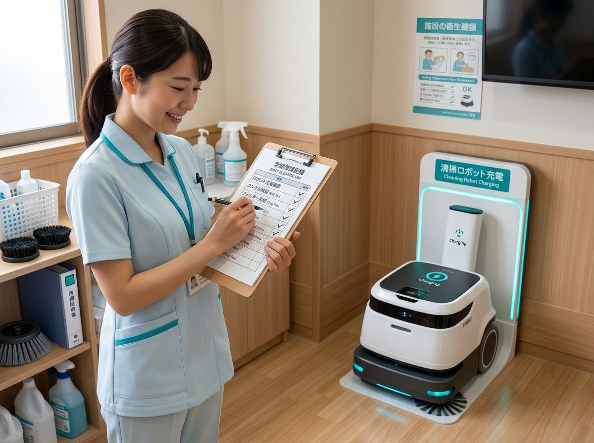 介護施設スタッフが清掃ロボットの週次チェックリストを確認しているシーン