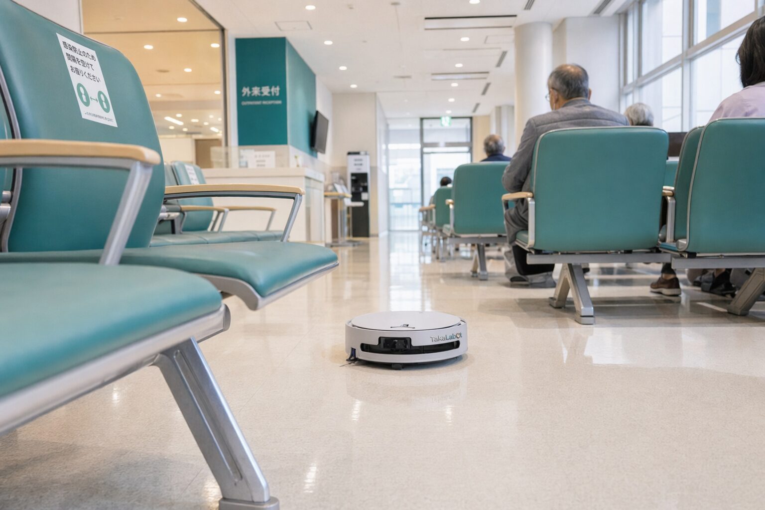 病院待合室で稼働する清掃ロボット