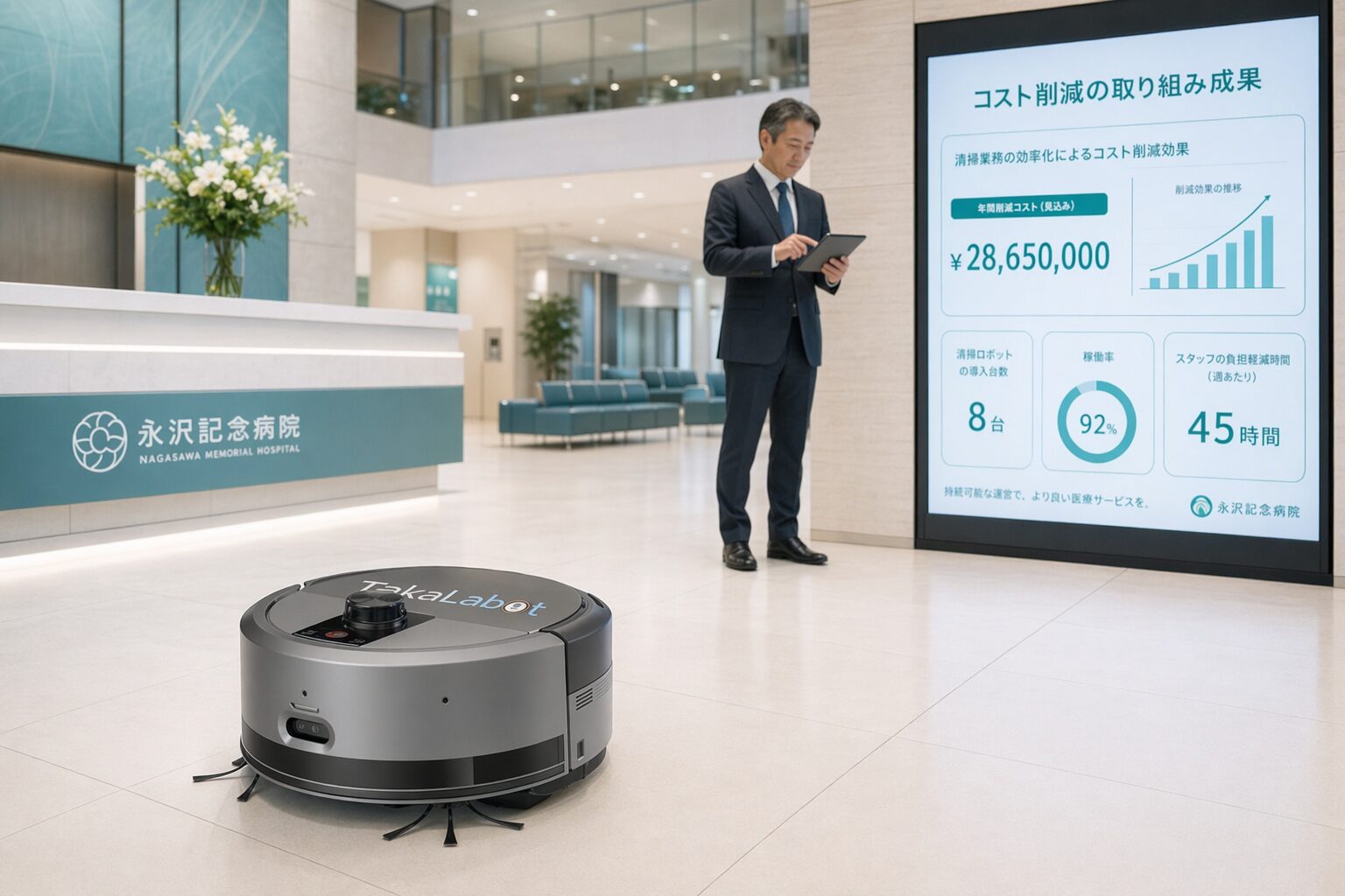 コスト削減効果を確認する病院管理者と清掃ロボット