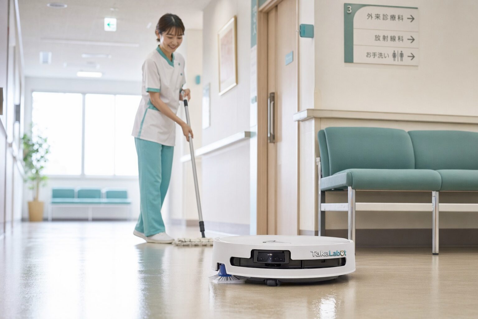 スタッフとロボットが協力して清掃する様子