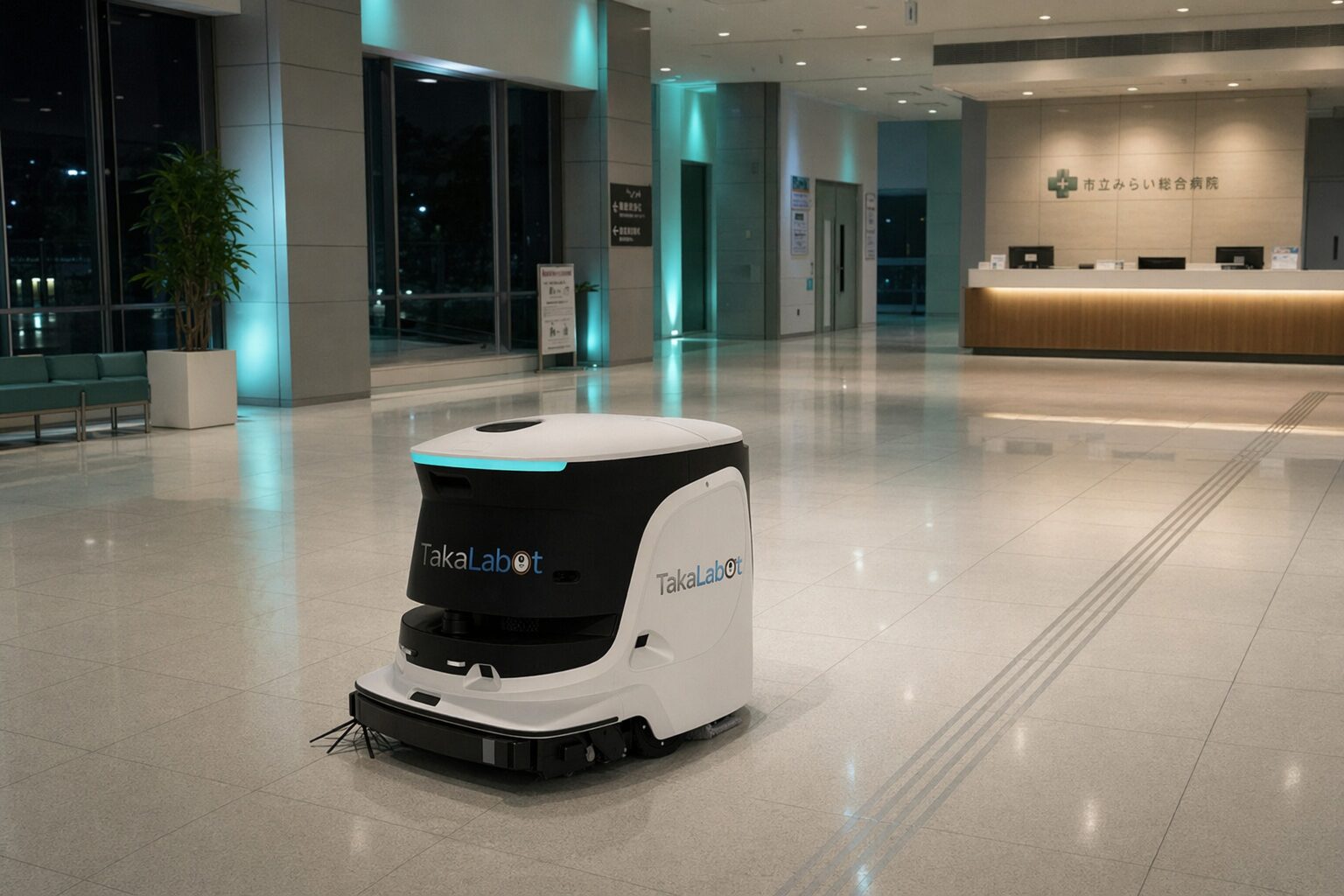 夜間ロビーを清掃する大型ロボット