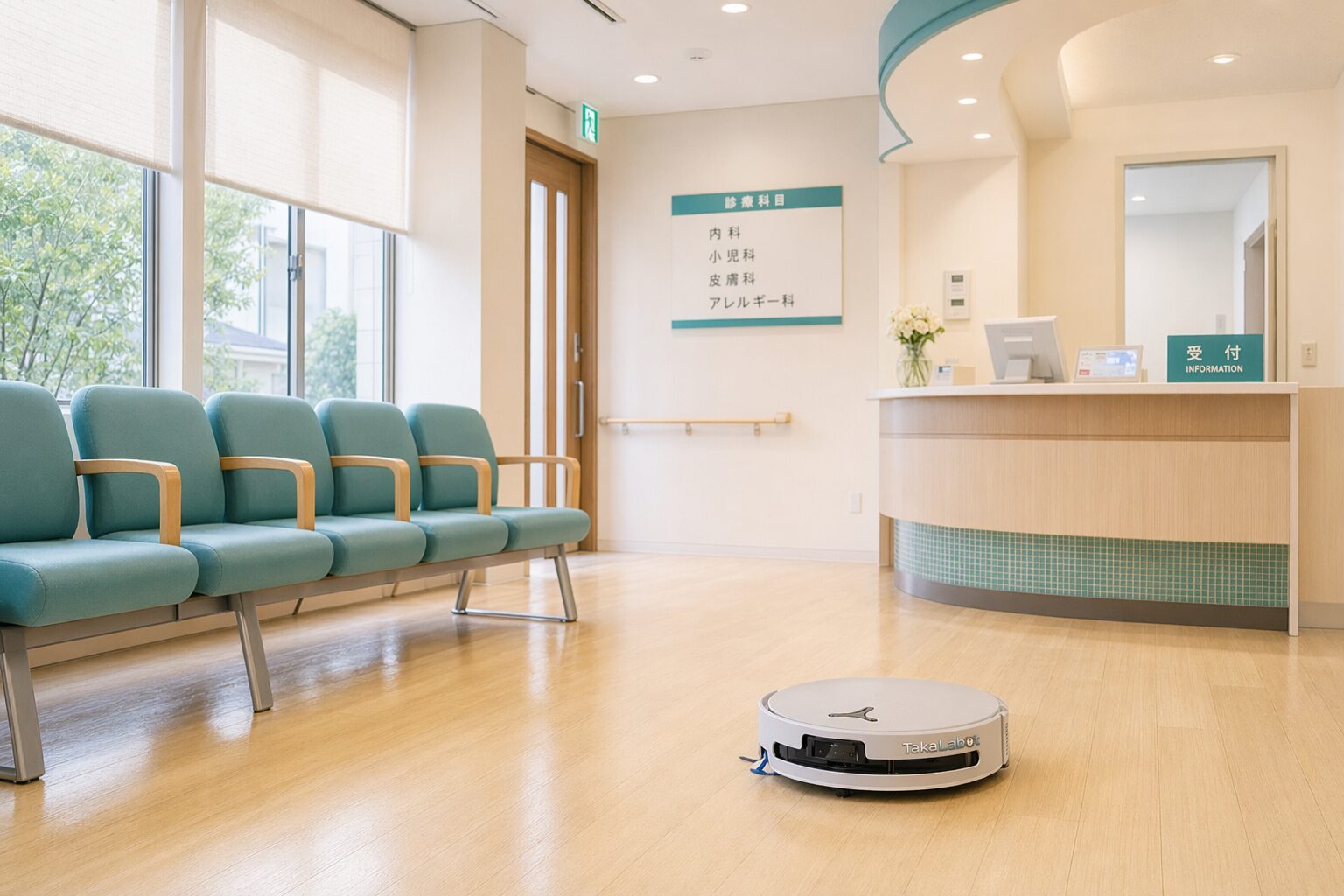 昼休みにクリニック待合室を清掃するロボット