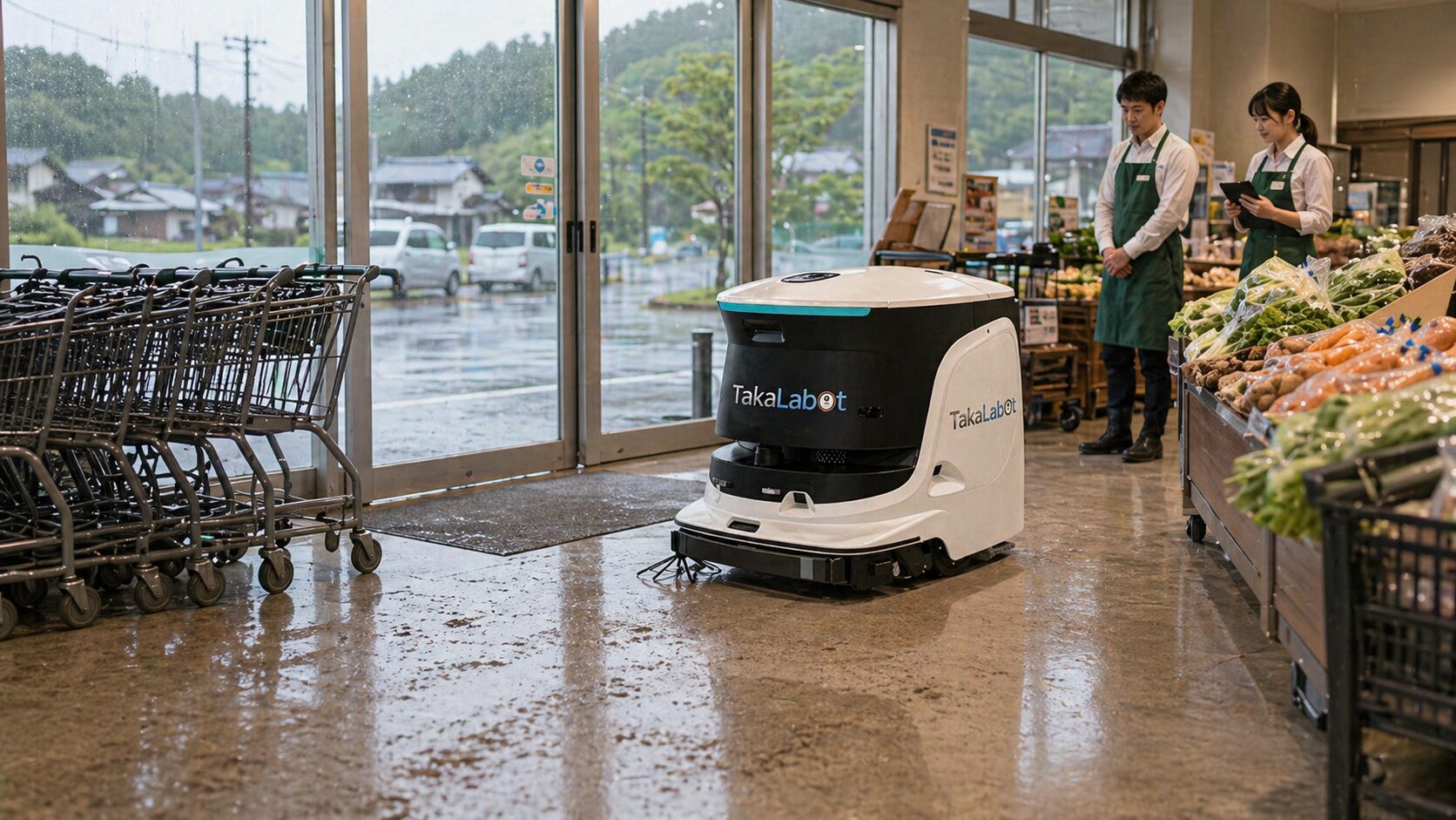 TakaLabot 55で外周通路を清掃する郊外スーパー