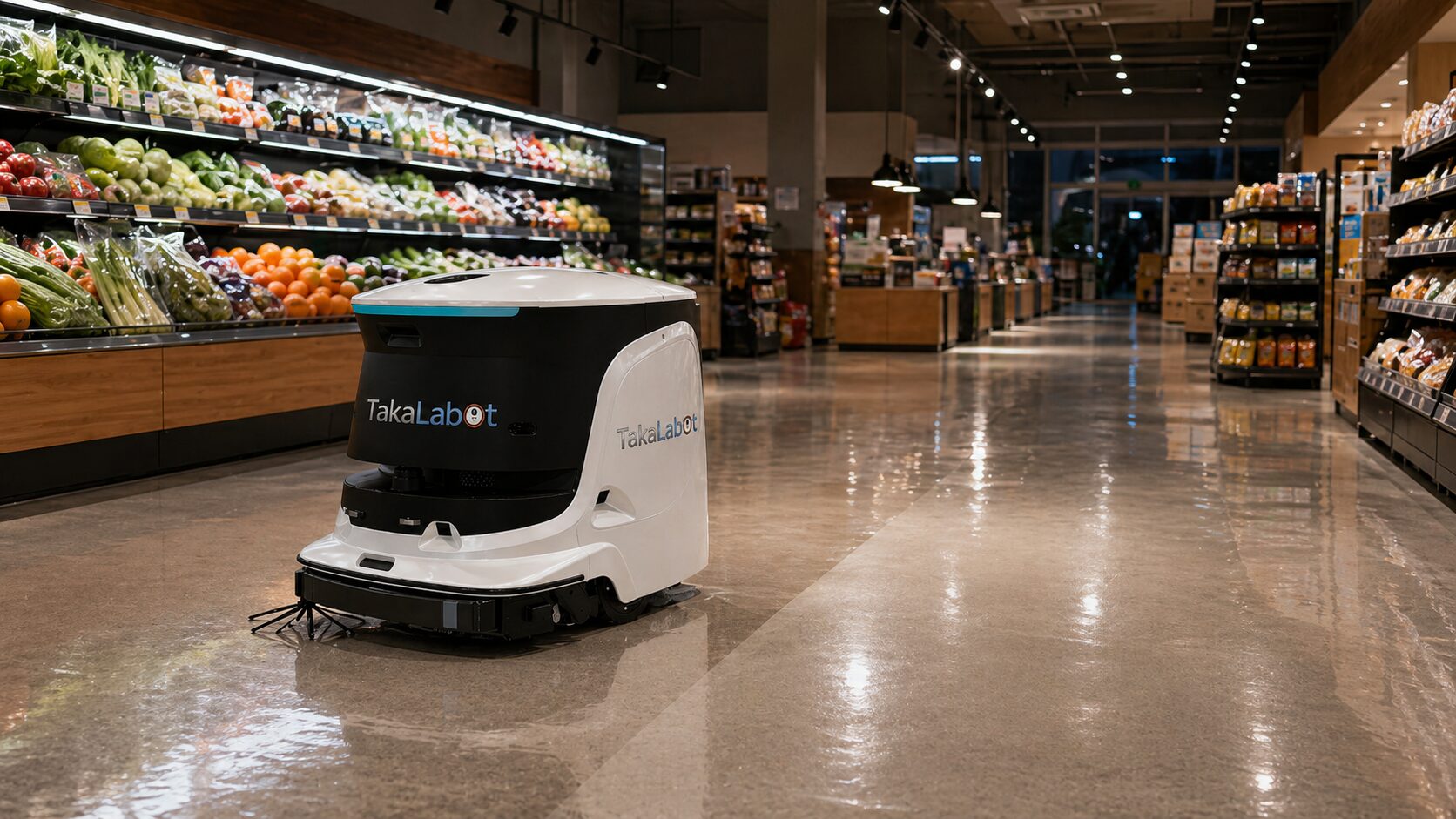 早朝のスーパーでTakaLabot 55が外周通路を清掃