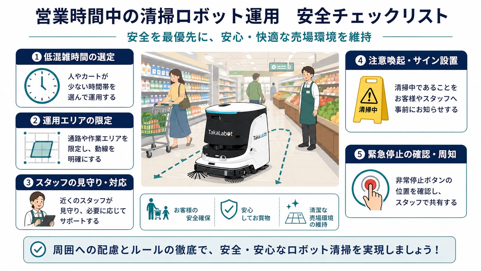 営業中のスーパーで清掃ロボットを動かす時間帯