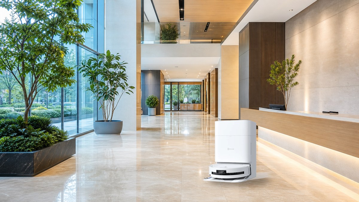 オフィスビルのエントランスで稼働する清掃ロボットOMNI