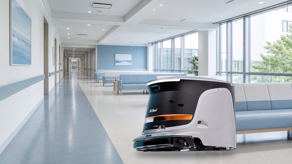 病院の外来ロビーで床清掃を行う大型清掃ロボットONE