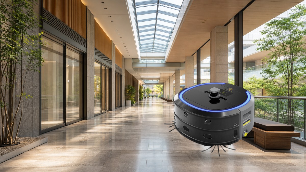 商業施設の通路で稼働する中型清掃ロボットKIRA