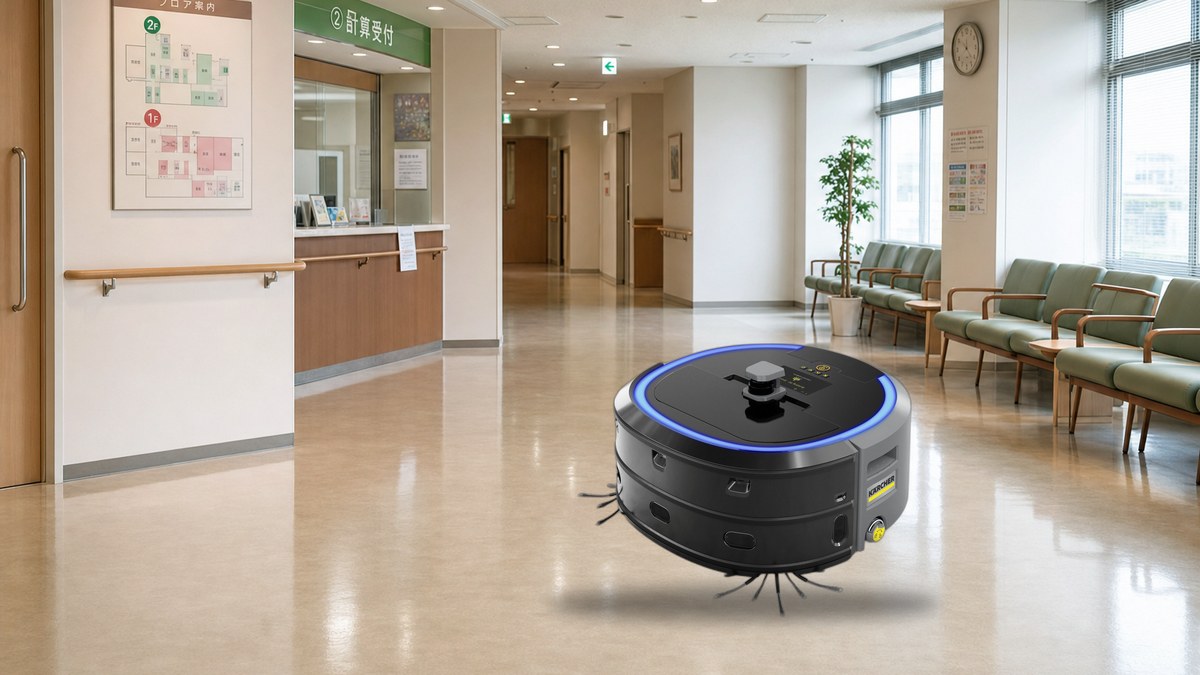 病院の待合ロビーを清掃する中型清掃ロボットKIRA