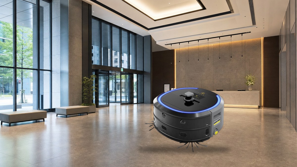 施設のロビーで稼働する中型清掃ロボットKIRA