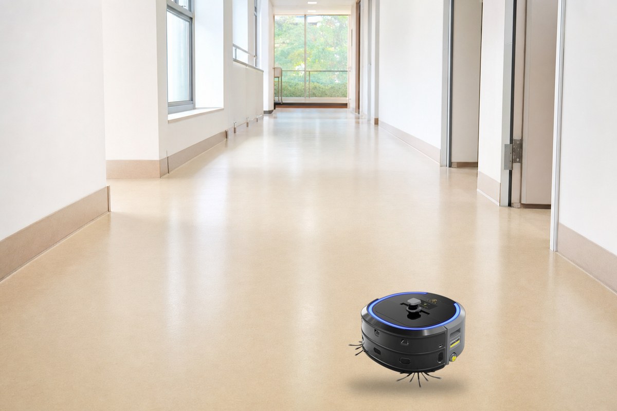 明るい施設の廊下の塩ビ床で稼働する業務用清掃ロボットKIRA