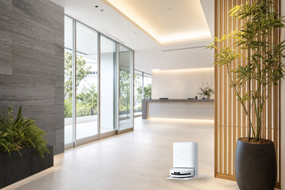 オフィスのエントランスで稼働する小型清掃ロボットOMNI