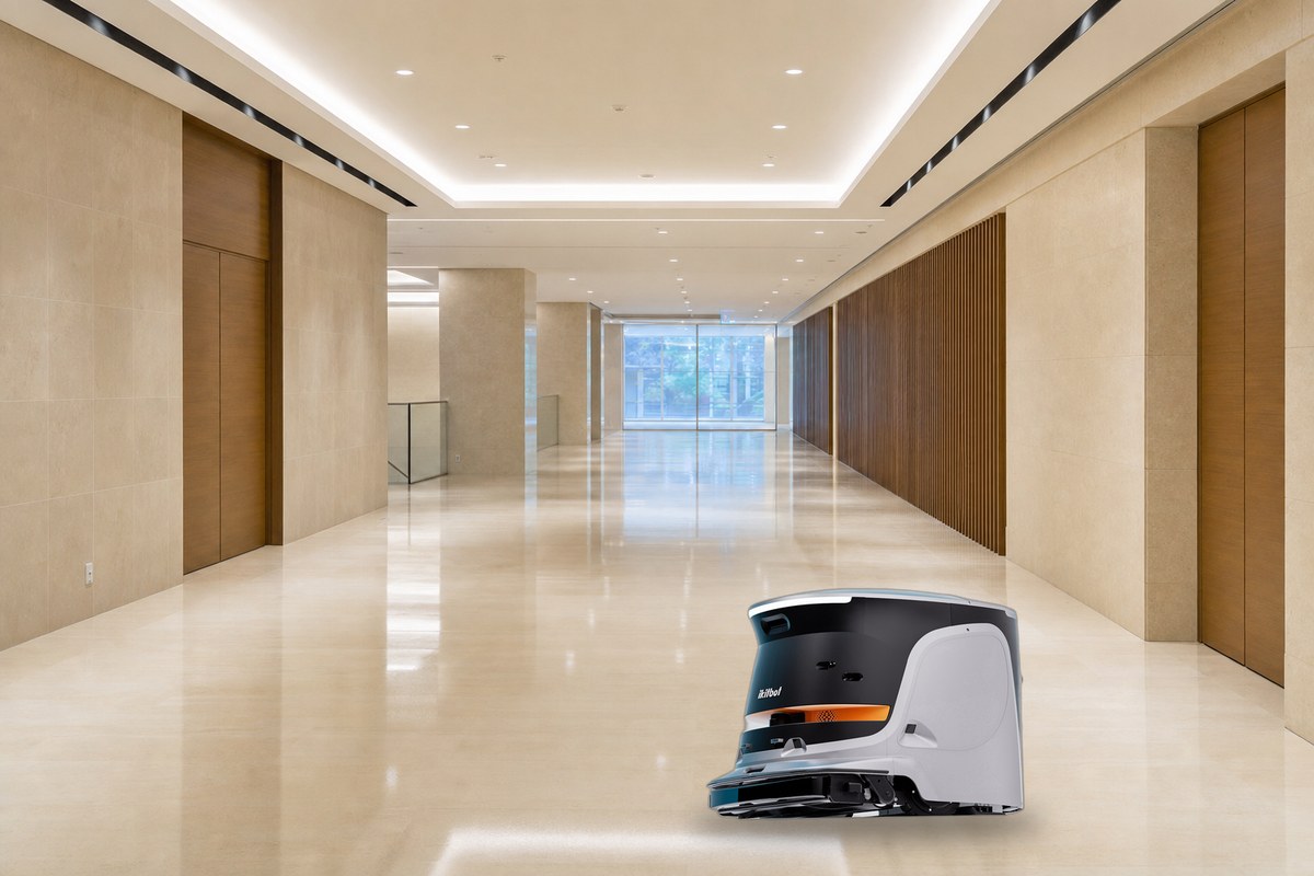 磨き上げられた施設の廊下で稼働する業務用清掃ロボットONE