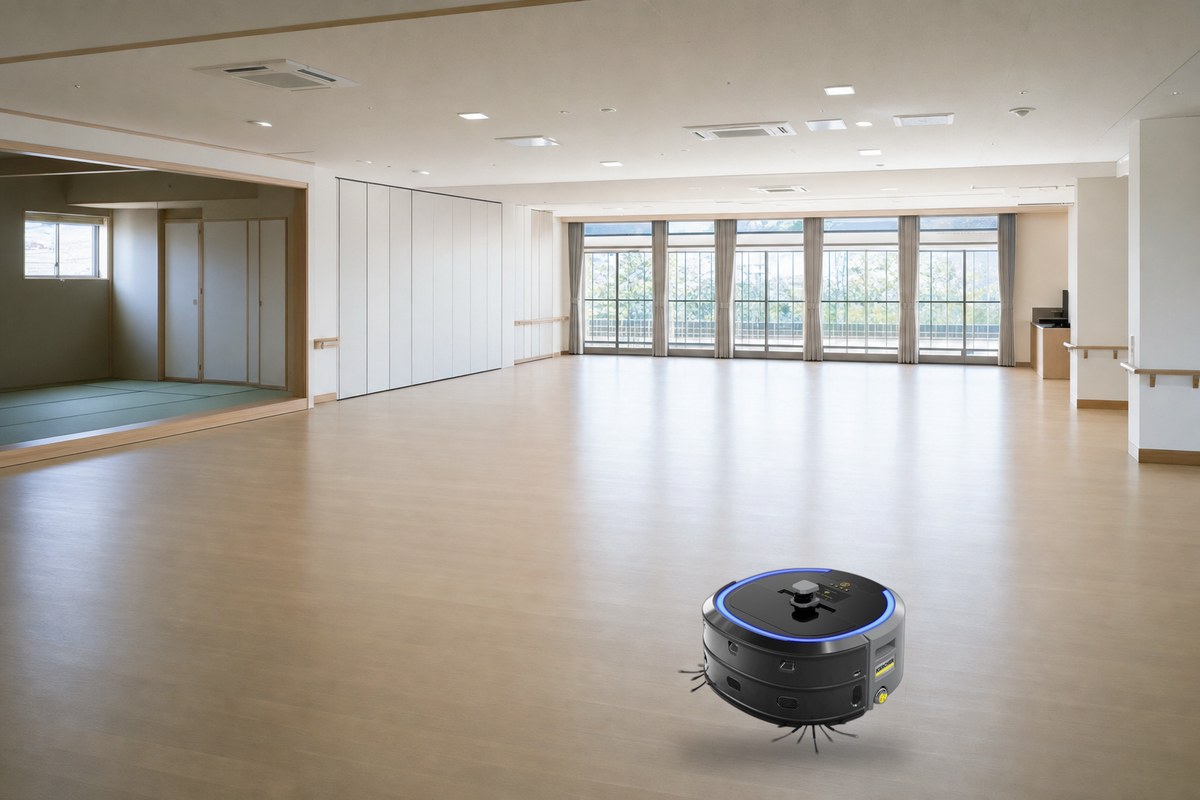 広い施設のホールで稼働する業務用清掃ロボットKIRA