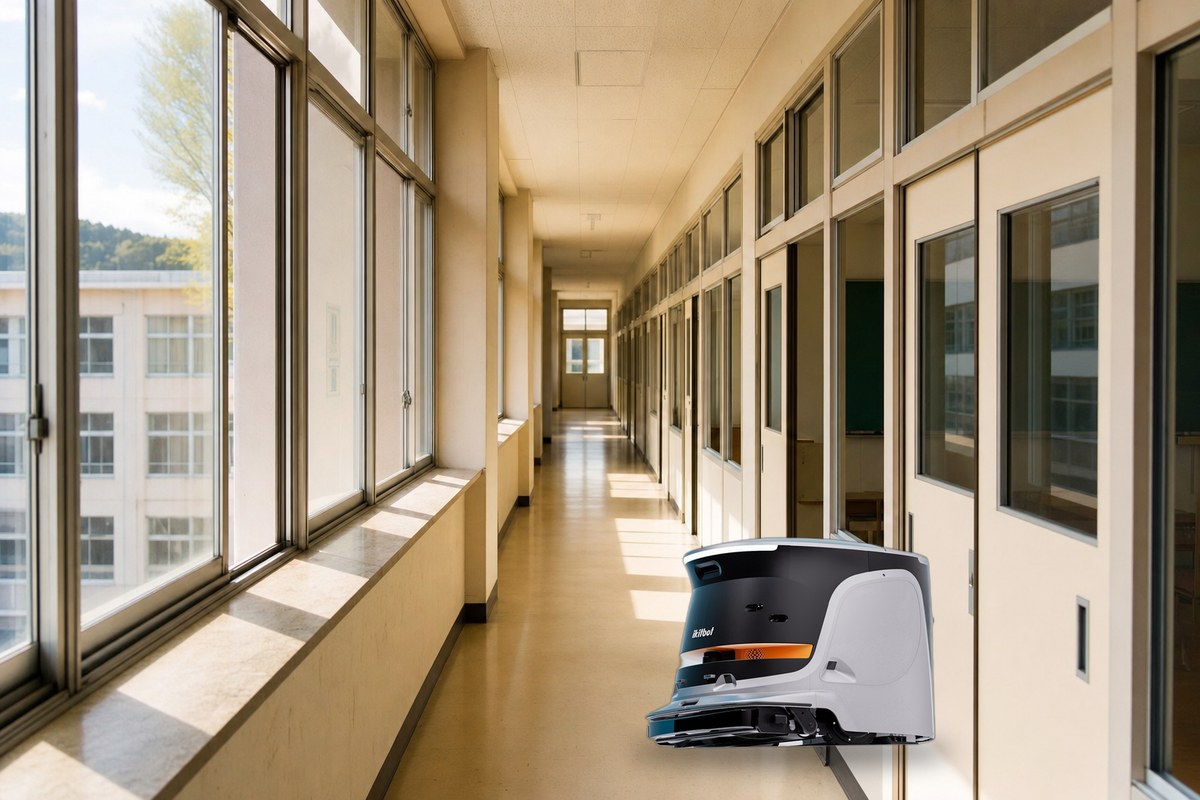 学校の長い廊下で稼働する業務用清掃ロボットONE