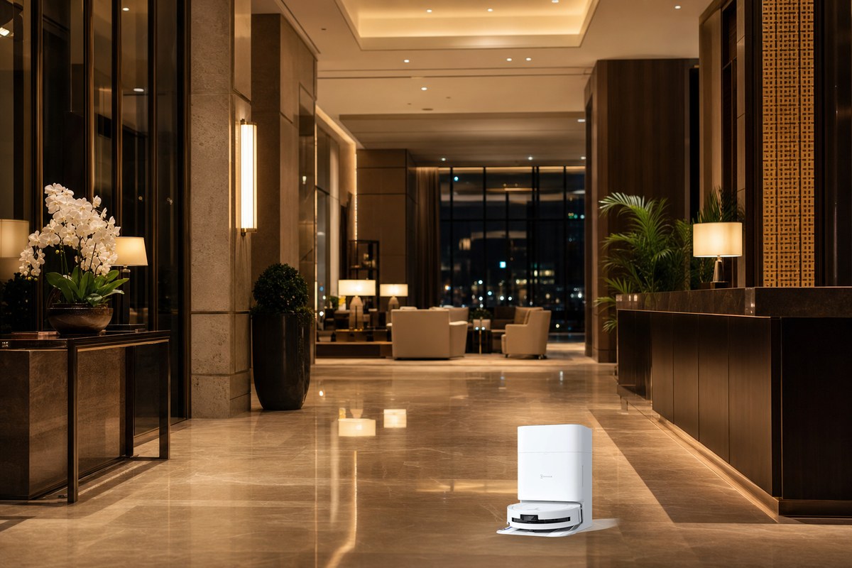夜のホテルロビーで稼働する小型清掃ロボットOMNI