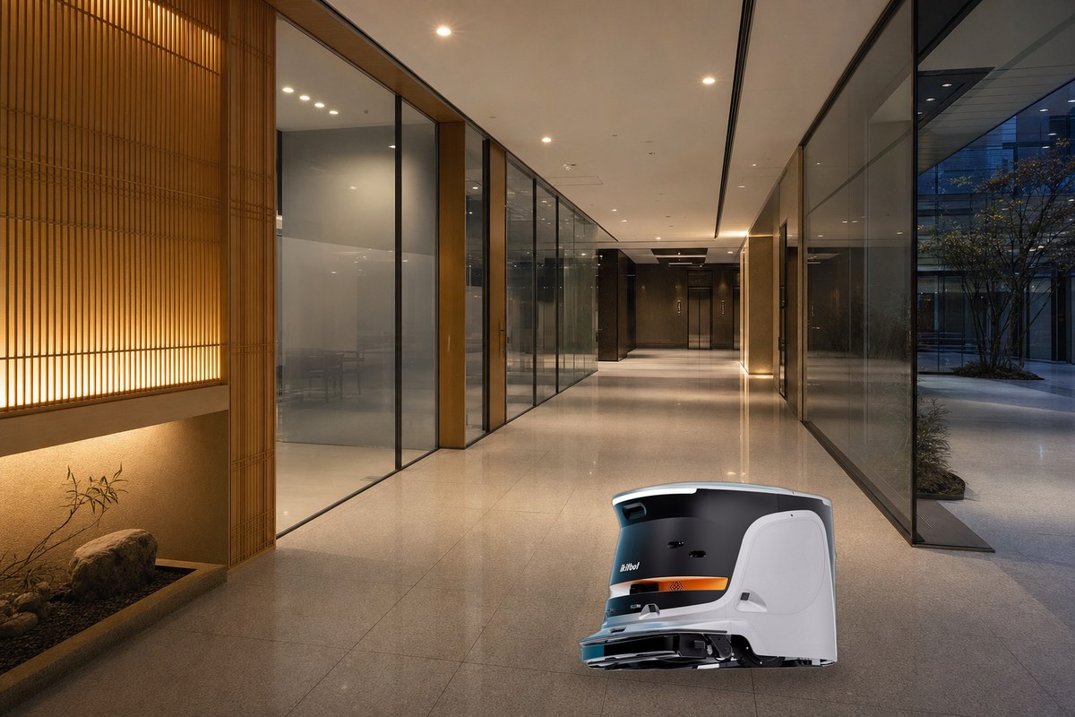 夕方のオフィスビル共用部で稼働する業務用清掃ロボットONE