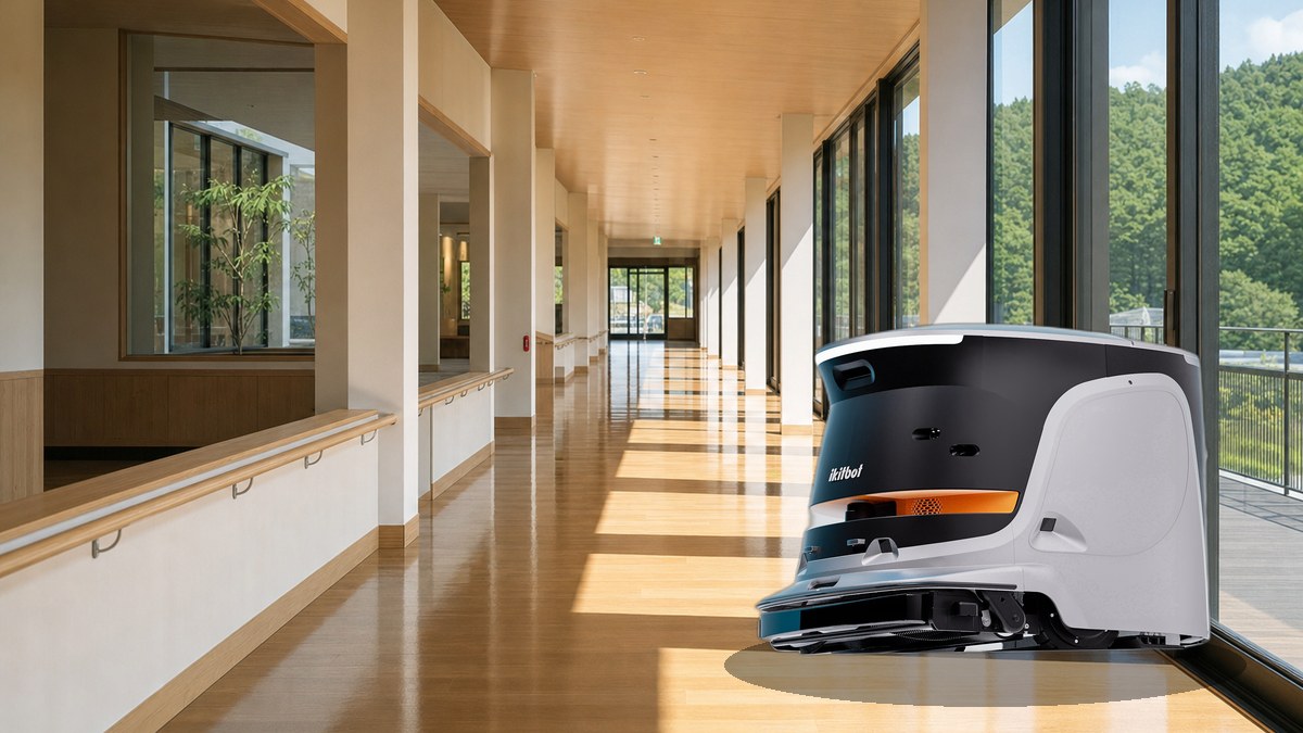 日差しの入る施設の廊下で床を掃除する業務用清掃ロボットONE