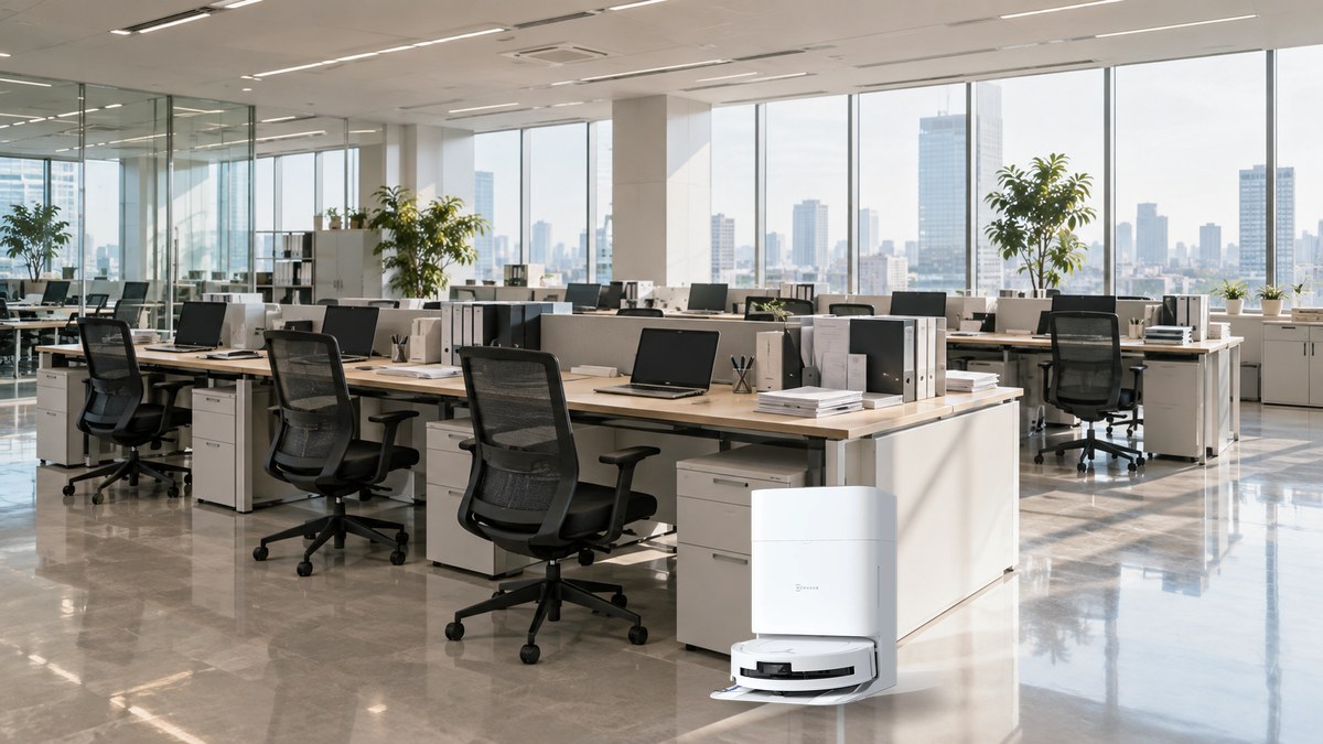 オフィスの執務エリアに置かれた小型清掃ロボットOMNI