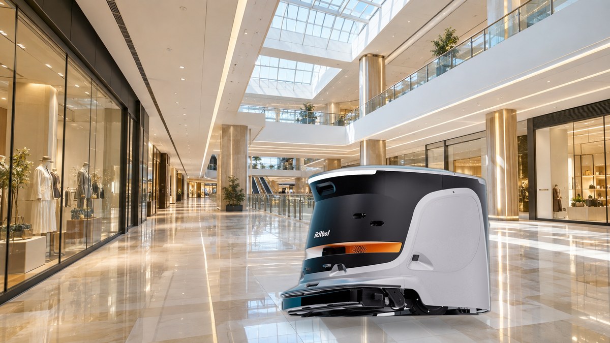 開店前のショッピングモールの通路を洗浄する大型清掃ロボットONE