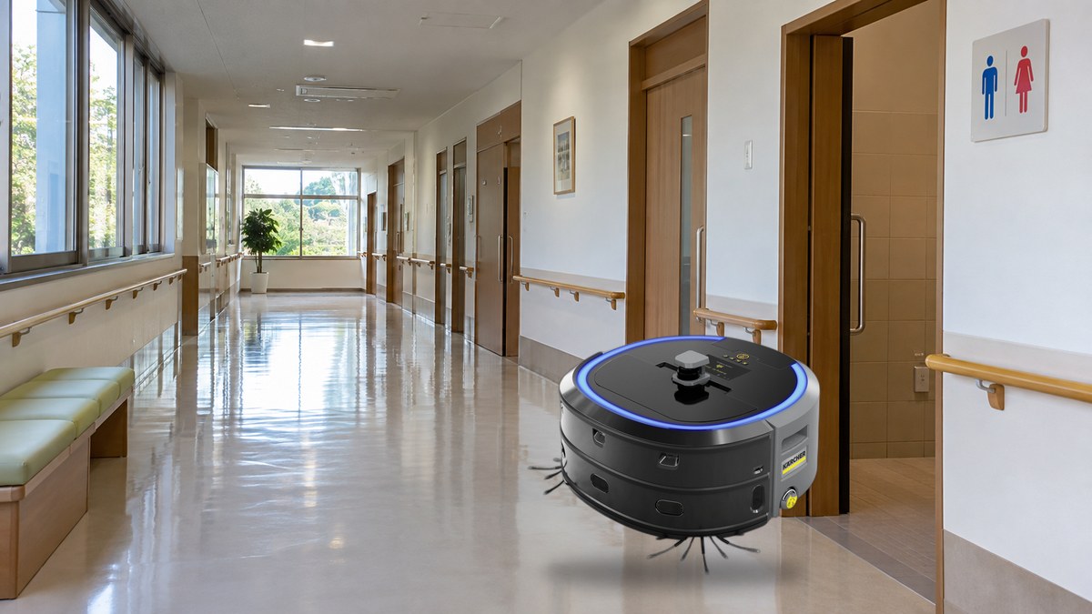 手すりやトイレのサインがある施設の廊下を走る中型清掃ロボットKIRA